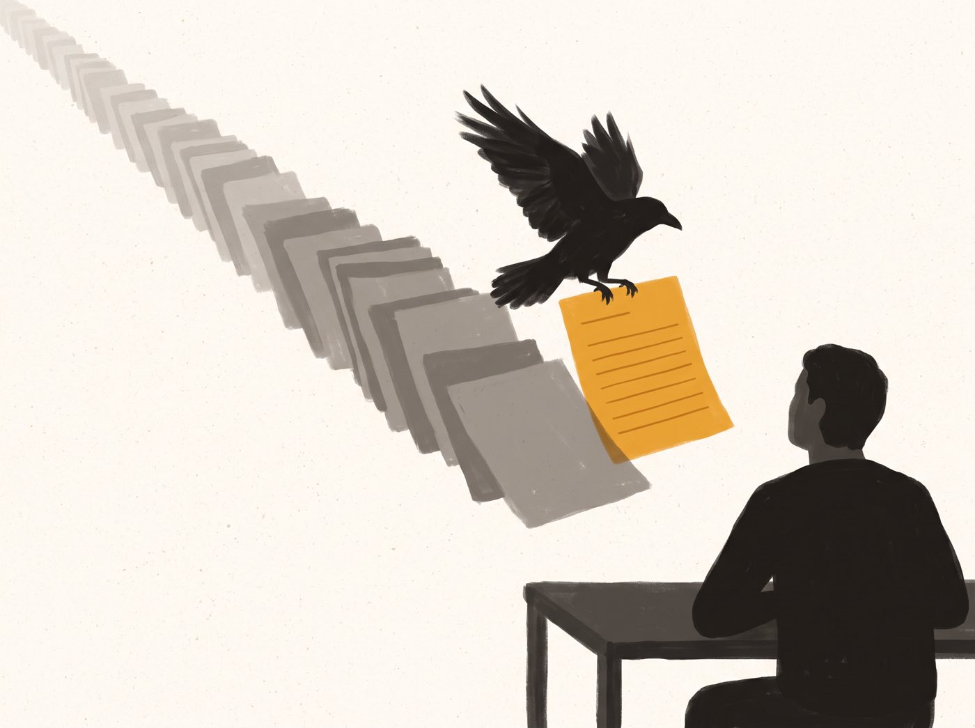 A long row of paper sheets fades from grey into the paper. A black raven carries the one amber sheet from the row toward a person seated at a desk.