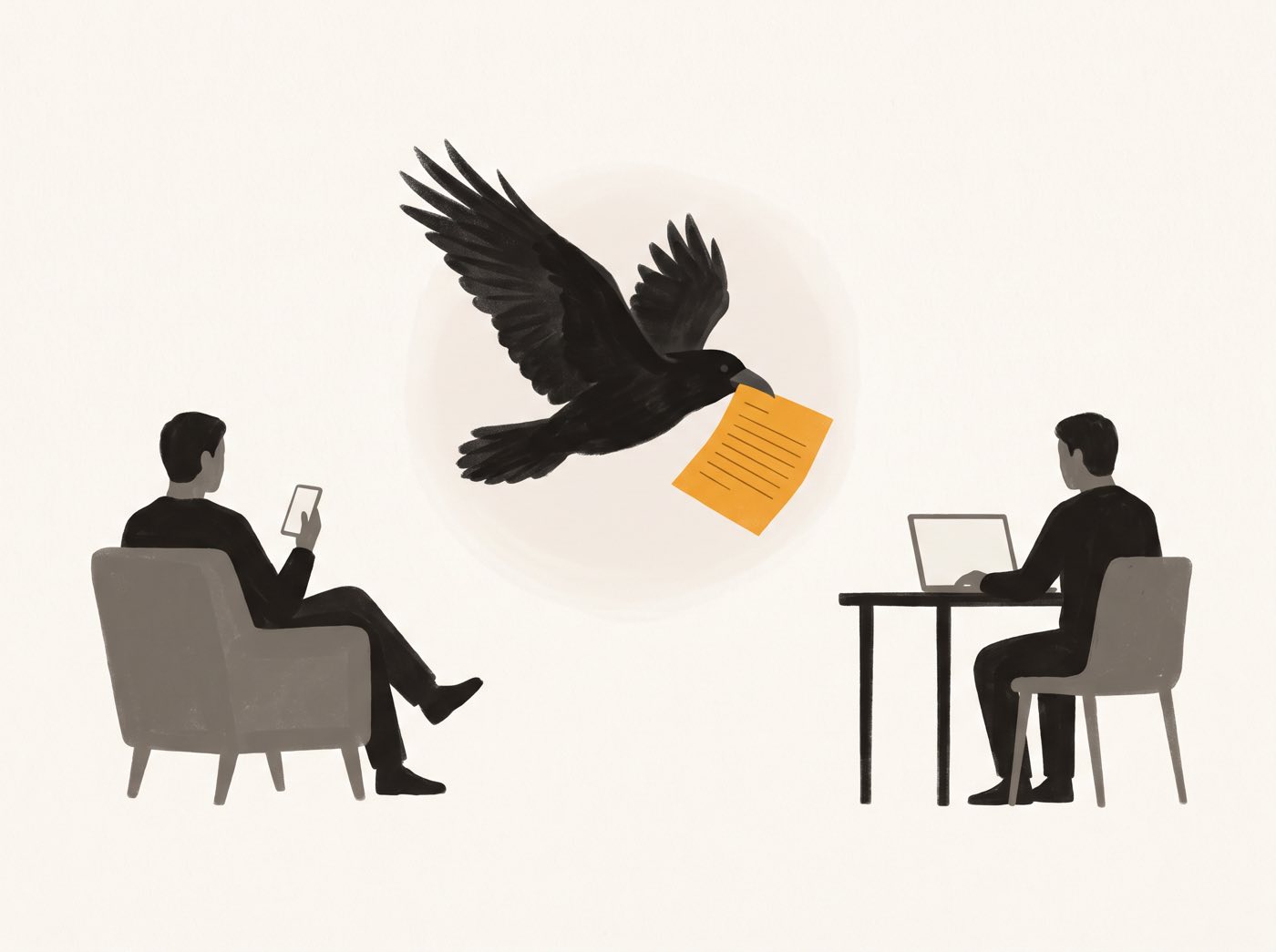 The same person twice: on the left in an armchair with a phone, on the right at a desk with a laptop. A black raven flies between them carrying one amber sheet.